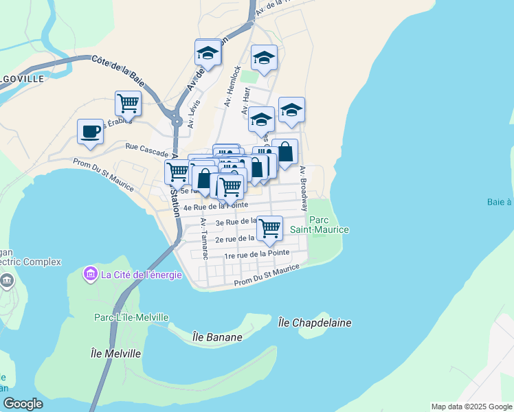 map of restaurants, bars, coffee shops, grocery stores, and more near 373 4e Rue de la Pointe in Shawinigan