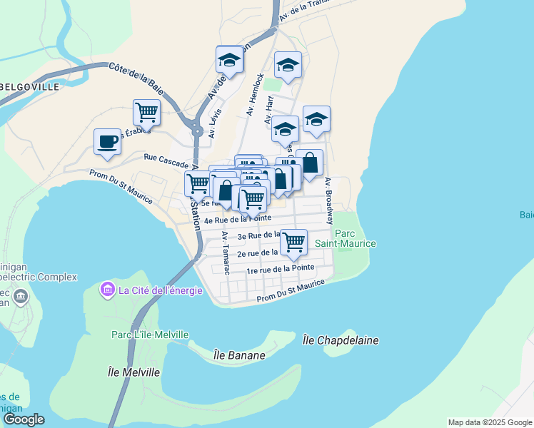 map of restaurants, bars, coffee shops, grocery stores, and more near 452 4e Rue de la Pointe in Shawinigan