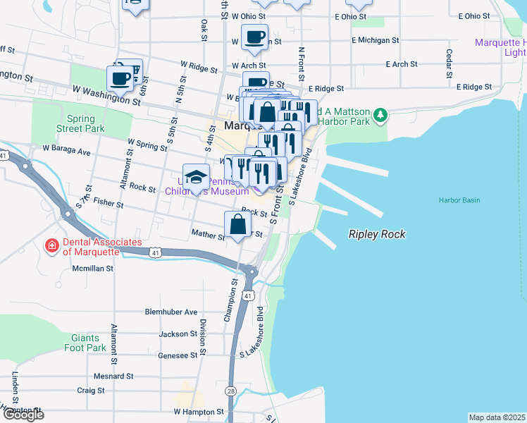 map of restaurants, bars, coffee shops, grocery stores, and more near 139-199 West Baraga Avenue in Marquette