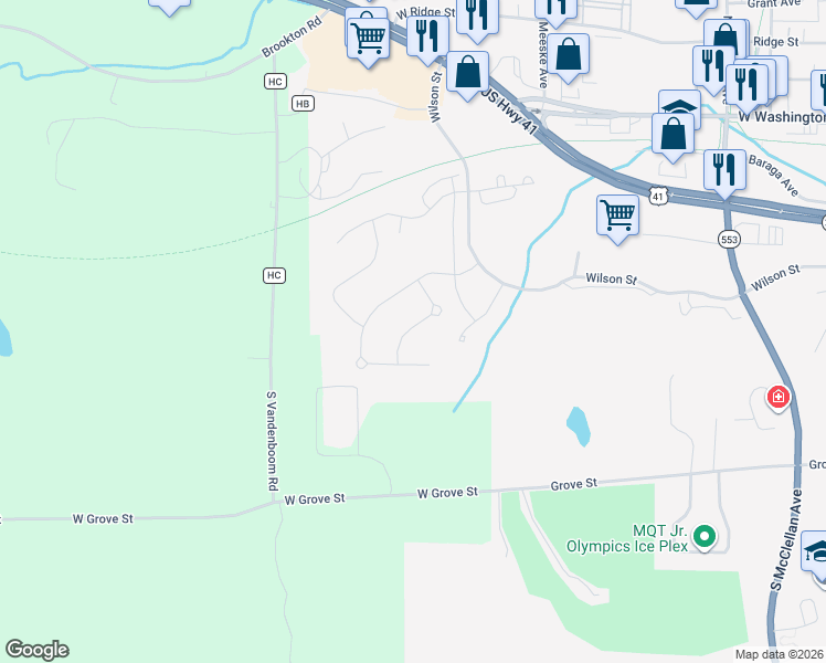 map of restaurants, bars, coffee shops, grocery stores, and more near 636 Windcrest Drive in Marquette