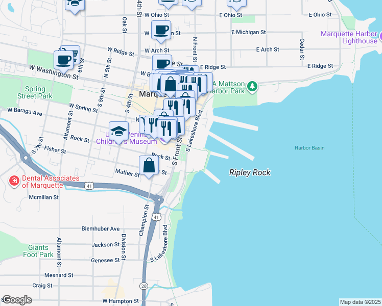 map of restaurants, bars, coffee shops, grocery stores, and more near 401 South Lakeshore Boulevard in Marquette