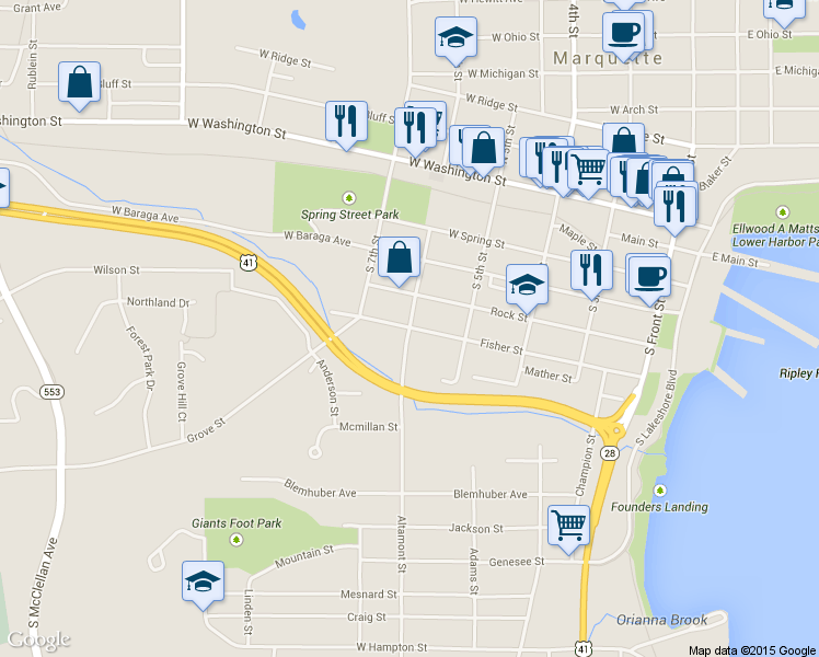 map of restaurants, bars, coffee shops, grocery stores, and more near 601 Altamont Street in Marquette
