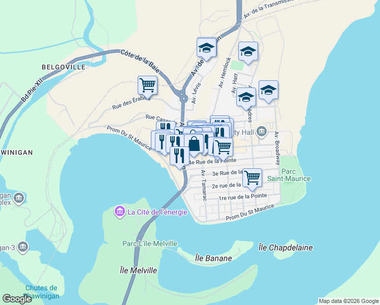 map of restaurants, bars, coffee shops, grocery stores, and more near 769 5e rue de la Pointe in Shawinigan