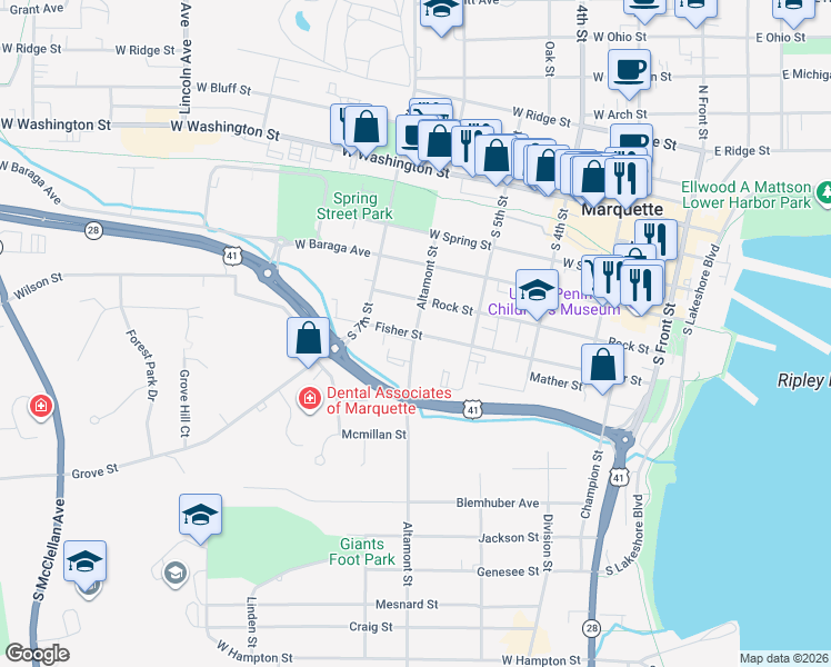 map of restaurants, bars, coffee shops, grocery stores, and more near 601 Altamont Street in Marquette