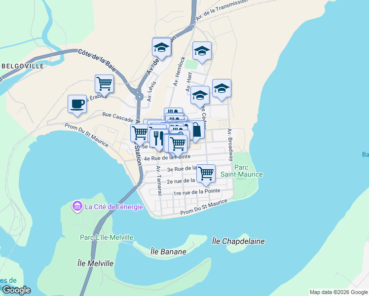 map of restaurants, bars, coffee shops, grocery stores, and more near 580 Avenue du Marché in Shawinigan