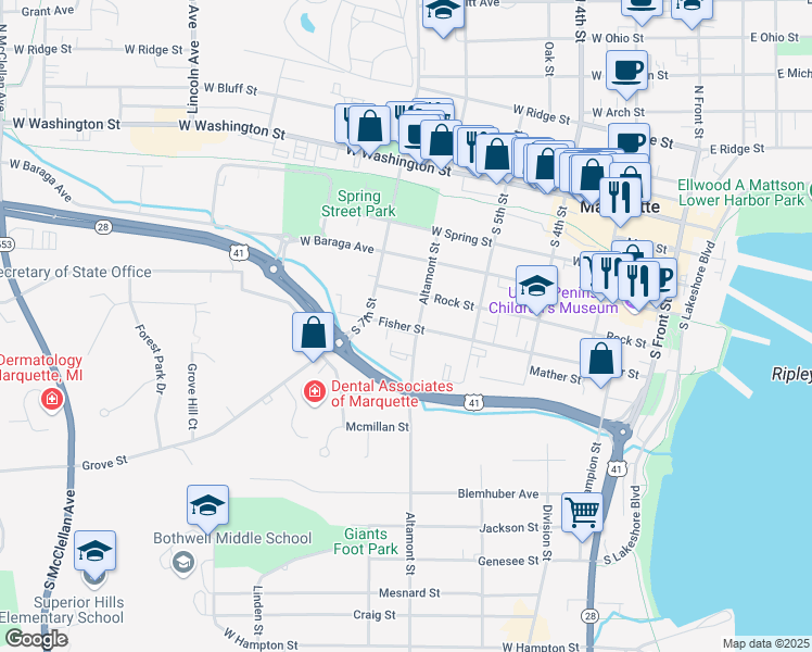 map of restaurants, bars, coffee shops, grocery stores, and more near 525 Fisher Street in Marquette