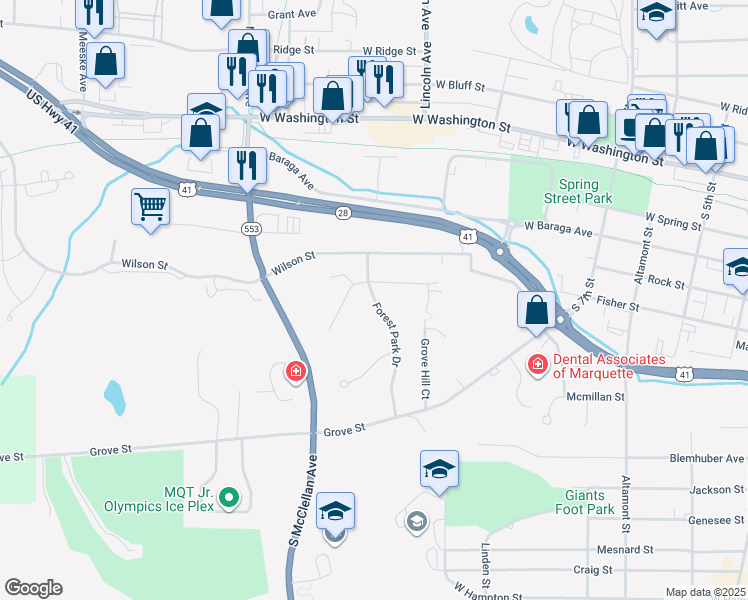 map of restaurants, bars, coffee shops, grocery stores, and more near 527 Forest Park Drive in Marquette