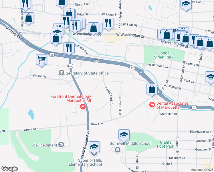 map of restaurants, bars, coffee shops, grocery stores, and more near 527 Forest Park Drive in Marquette