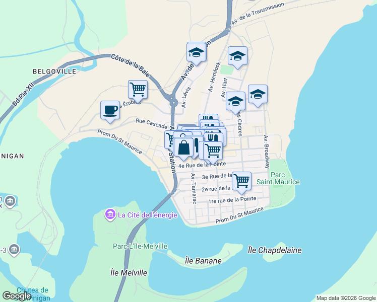 map of restaurants, bars, coffee shops, grocery stores, and more near 710 5e rue de la Pointe in Shawinigan