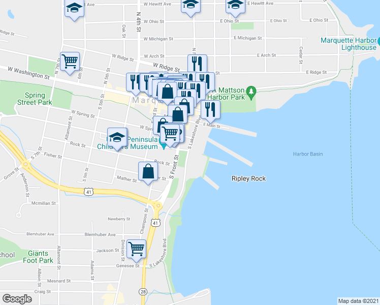 map of restaurants, bars, coffee shops, grocery stores, and more near 401 South Lakeshore Boulevard in Marquette