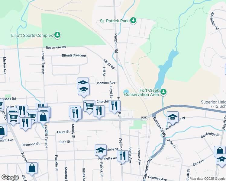 map of restaurants, bars, coffee shops, grocery stores, and more near 28 Lloyd Street in Sault Ste. Marie