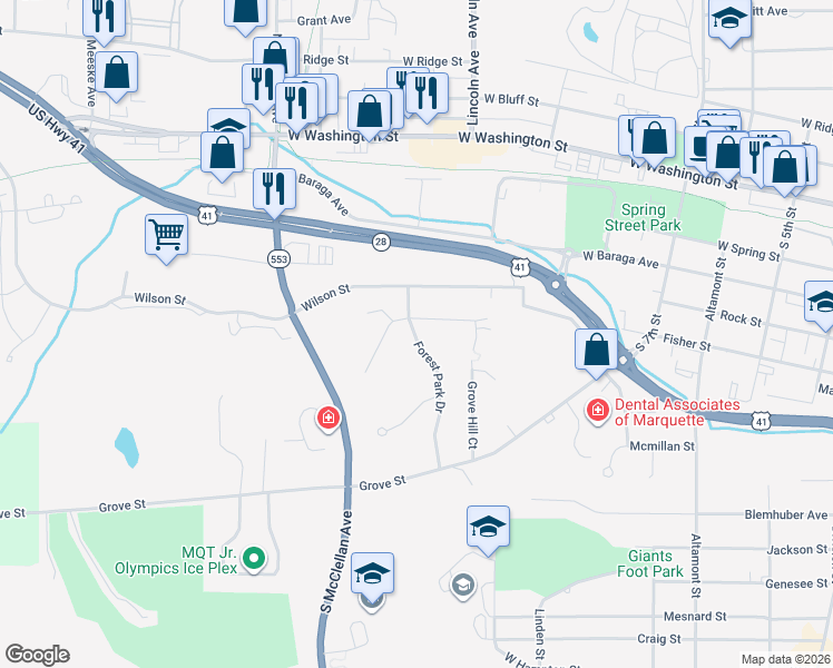 map of restaurants, bars, coffee shops, grocery stores, and more near 1000 Northland Drive in Marquette
