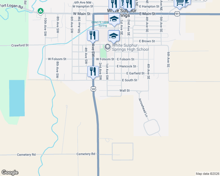 map of restaurants, bars, coffee shops, grocery stores, and more near 1-15 Wall St in White Sulphur Springs