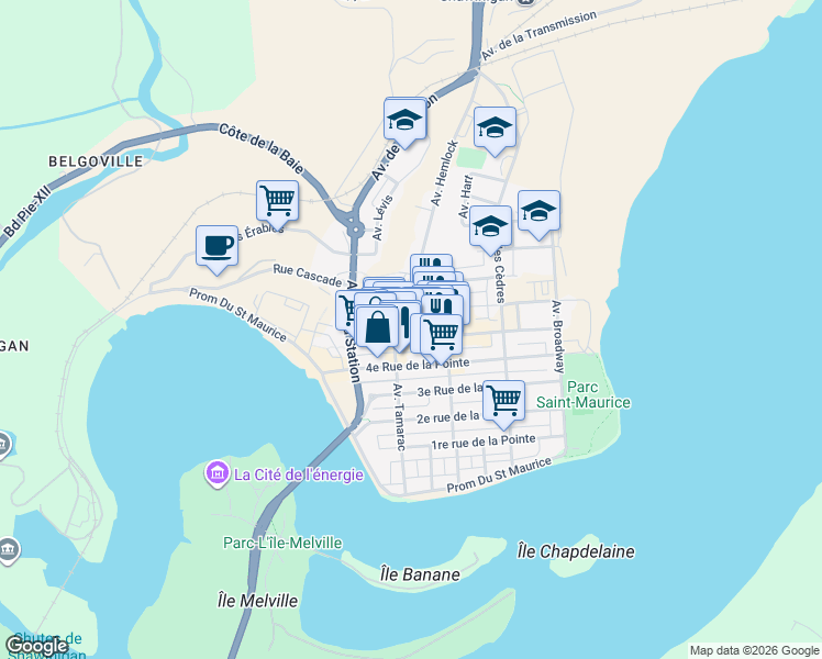 map of restaurants, bars, coffee shops, grocery stores, and more near 710 5e rue de la Pointe in Shawinigan