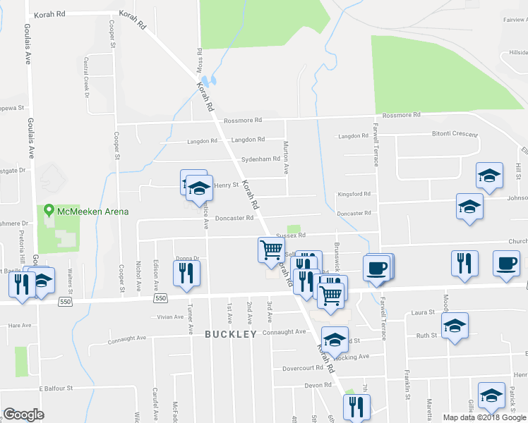 map of restaurants, bars, coffee shops, grocery stores, and more near 606 Korah Road in Sault Ste. Marie