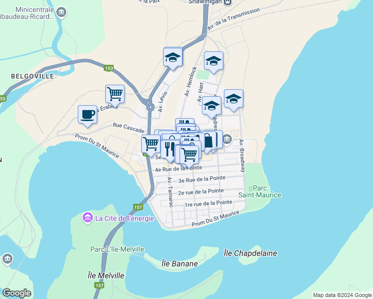 map of restaurants, bars, coffee shops, grocery stores, and more near 580 Avenue du Marché in Shawinigan
