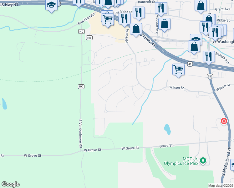 map of restaurants, bars, coffee shops, grocery stores, and more near 636 Windcrest Drive in Marquette