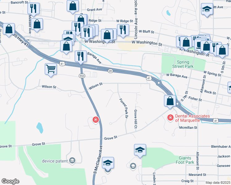 map of restaurants, bars, coffee shops, grocery stores, and more near 1100-1198 Northland Dr in Marquette