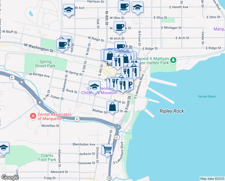 map of restaurants, bars, coffee shops, grocery stores, and more near 400 South 3rd Street in Marquette