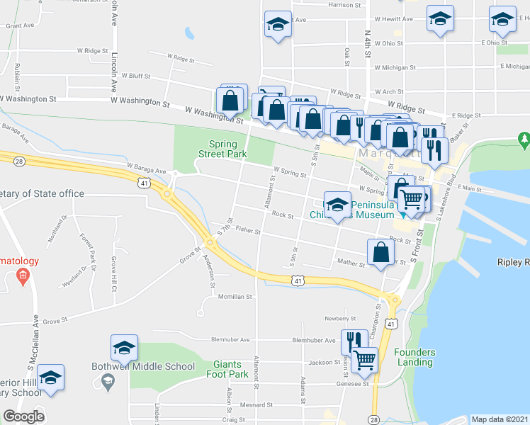 map of restaurants, bars, coffee shops, grocery stores, and more near 505 Altamont Street in Marquette