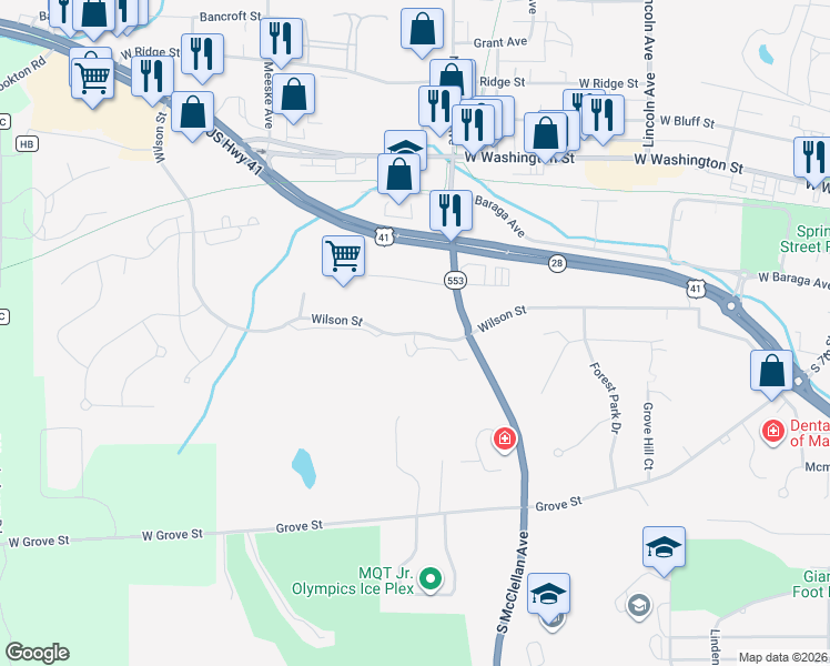 map of restaurants, bars, coffee shops, grocery stores, and more near Wilson Street in Marquette