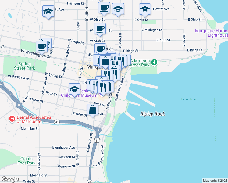 map of restaurants, bars, coffee shops, grocery stores, and more near 401 South Lakeshore Boulevard in Marquette