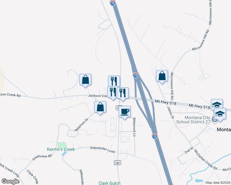 map of restaurants, bars, coffee shops, grocery stores, and more near 2 Jackson Creek Road in Clancy