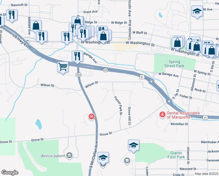 map of restaurants, bars, coffee shops, grocery stores, and more near 1100 Northland Drive in Marquette