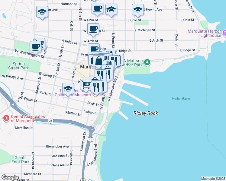 map of restaurants, bars, coffee shops, grocery stores, and more near 211 South Front Street in Marquette