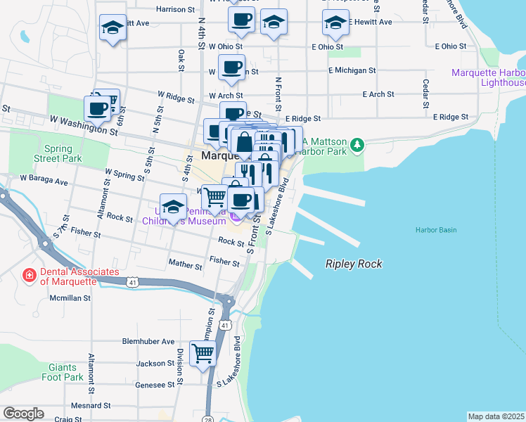 map of restaurants, bars, coffee shops, grocery stores, and more near 211 South Front Street in Marquette