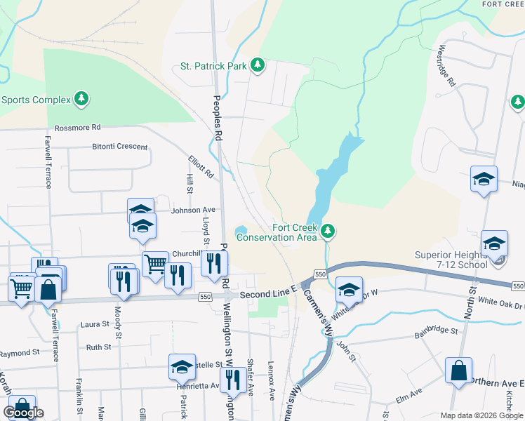 map of restaurants, bars, coffee shops, grocery stores, and more near 142 Saint Patrick Street in Sault Ste. Marie