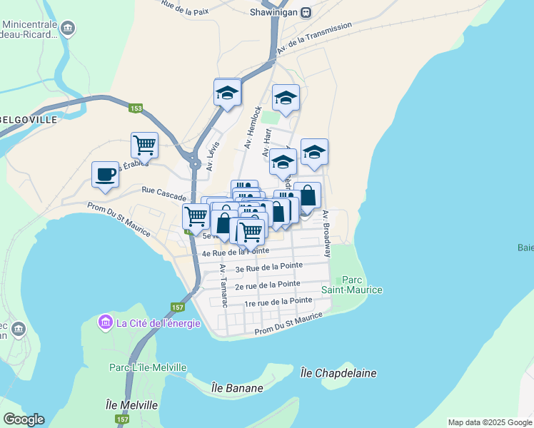 map of restaurants, bars, coffee shops, grocery stores, and more near 632 6e Rue in Shawinigan