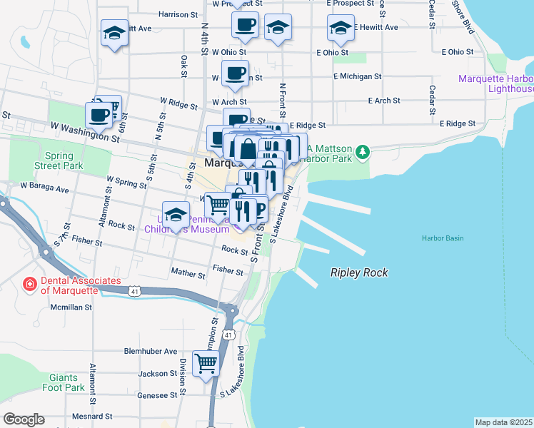 map of restaurants, bars, coffee shops, grocery stores, and more near 211 South Front Street in Marquette