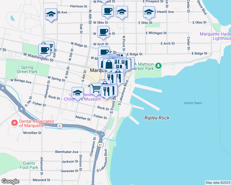 map of restaurants, bars, coffee shops, grocery stores, and more near 211 South Front Street in Marquette