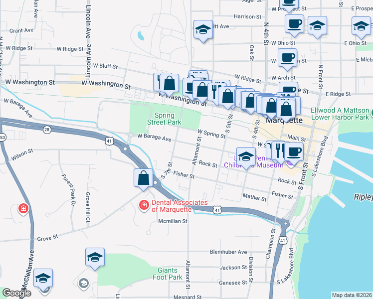 map of restaurants, bars, coffee shops, grocery stores, and more near 531 West Baraga Avenue in Marquette