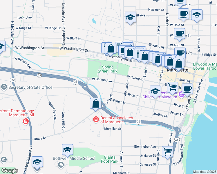 map of restaurants, bars, coffee shops, grocery stores, and more near 419 S 7th St in Marquette Township