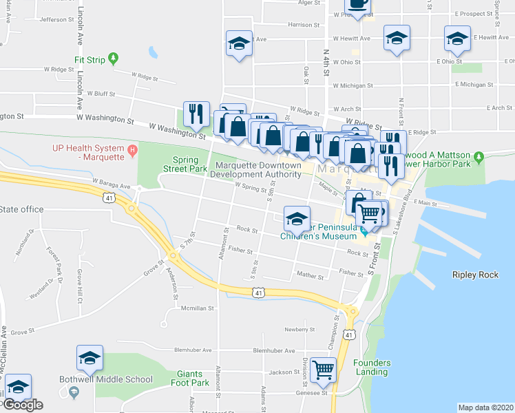 map of restaurants, bars, coffee shops, grocery stores, and more near 412 West Baraga Avenue in Marquette