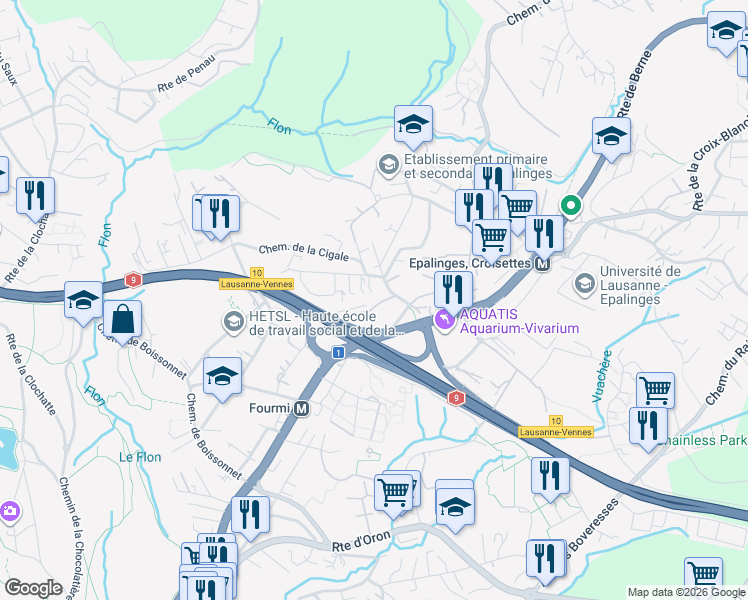 map of restaurants, bars, coffee shops, grocery stores, and more near 5E Chemin de Grand-Vennes in Lausanne