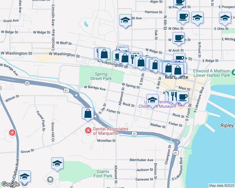 map of restaurants, bars, coffee shops, grocery stores, and more near 531 West Baraga Avenue in Marquette