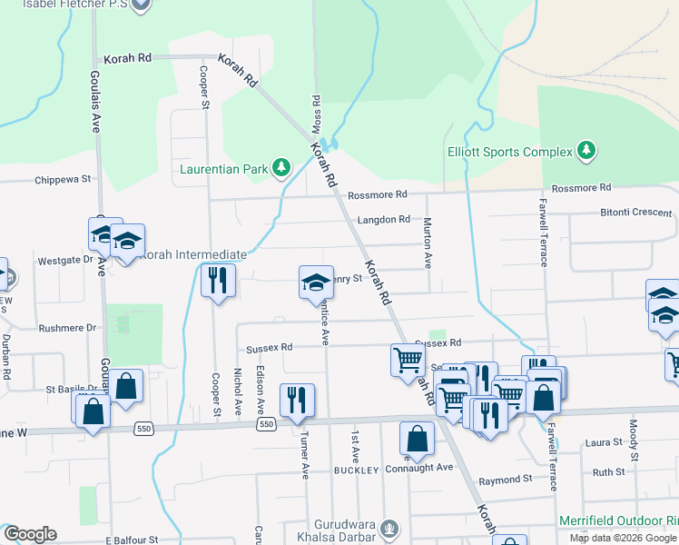 map of restaurants, bars, coffee shops, grocery stores, and more near 374 Henry Street in Sault Ste. Marie