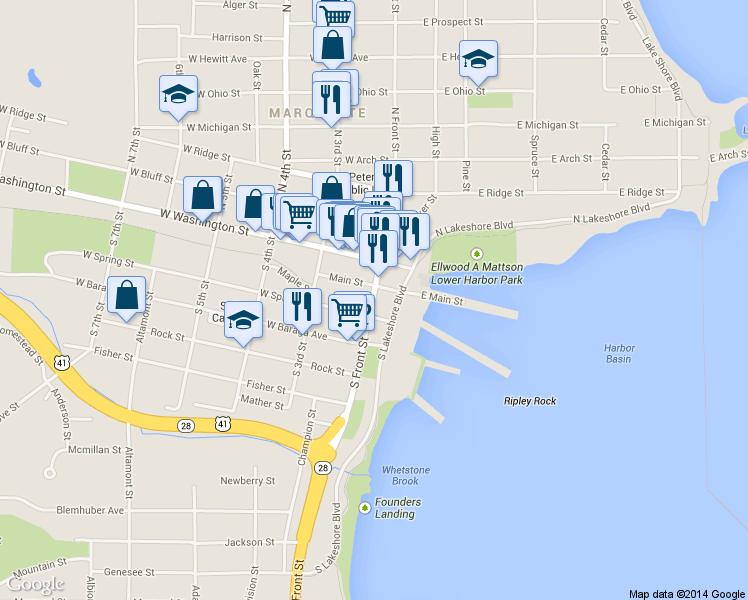 map of restaurants, bars, coffee shops, grocery stores, and more near 211 South Front Street in Marquette