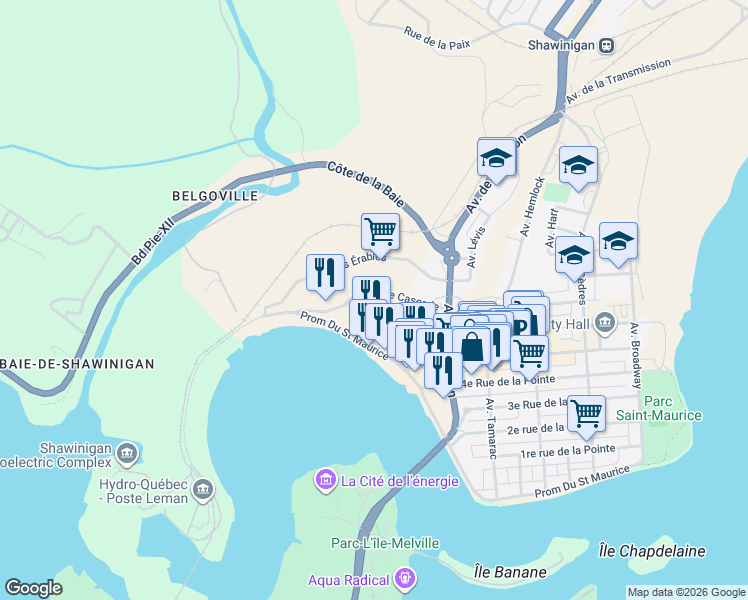 map of restaurants, bars, coffee shops, grocery stores, and more near 1203 Rue Cascade in Shawinigan