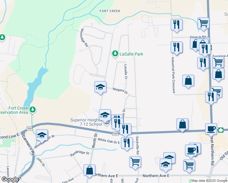 map of restaurants, bars, coffee shops, grocery stores, and more near 31 Niagara Drive in Sault Ste. Marie