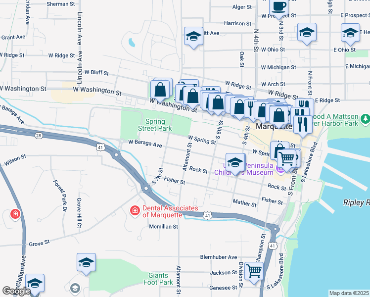 map of restaurants, bars, coffee shops, grocery stores, and more near 531 West Baraga Avenue in Marquette