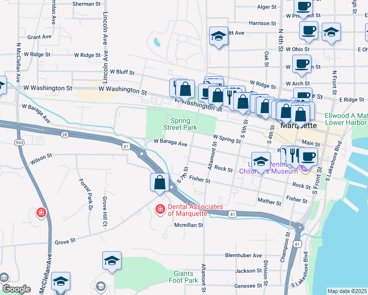 map of restaurants, bars, coffee shops, grocery stores, and more near 419 S 7th St in Marquette Township
