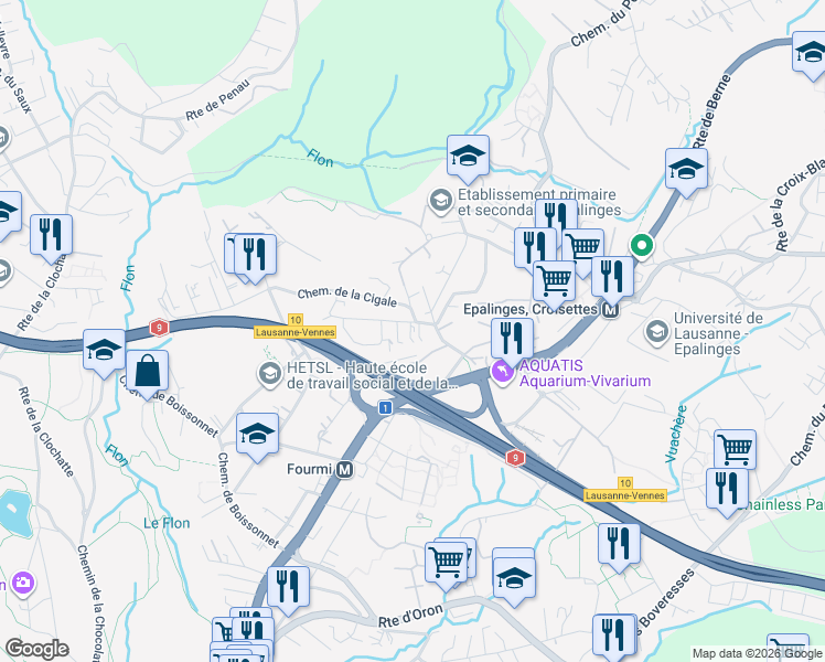 map of restaurants, bars, coffee shops, grocery stores, and more near 5E Chemin de Grand-Vennes in Lausanne