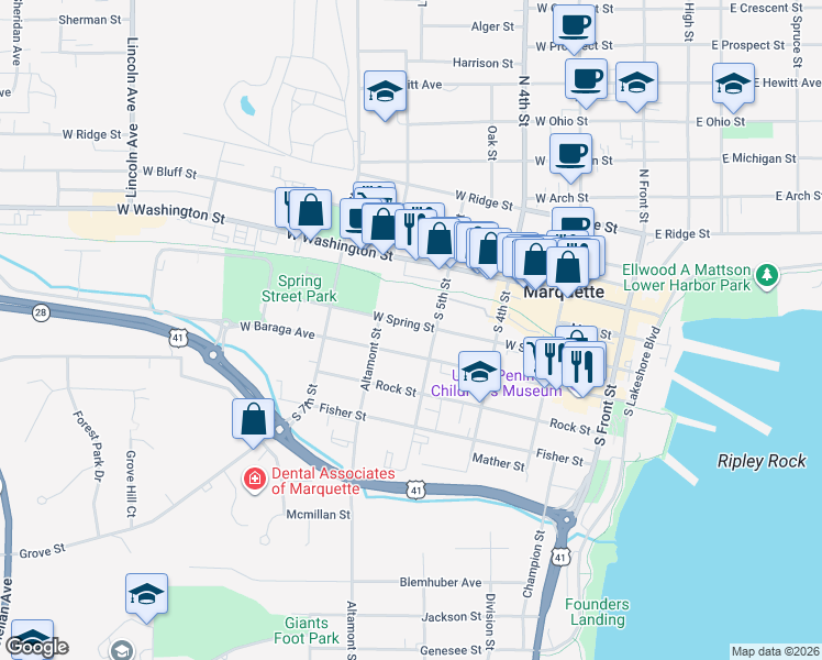 map of restaurants, bars, coffee shops, grocery stores, and more near 443 West Spring Street in Marquette