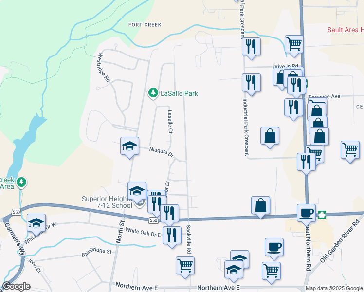 map of restaurants, bars, coffee shops, grocery stores, and more near 131 Sackville Road in Sault Ste. Marie
