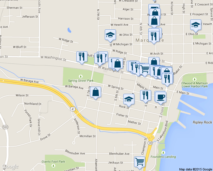 map of restaurants, bars, coffee shops, grocery stores, and more near 441 West Spring Street in Marquette