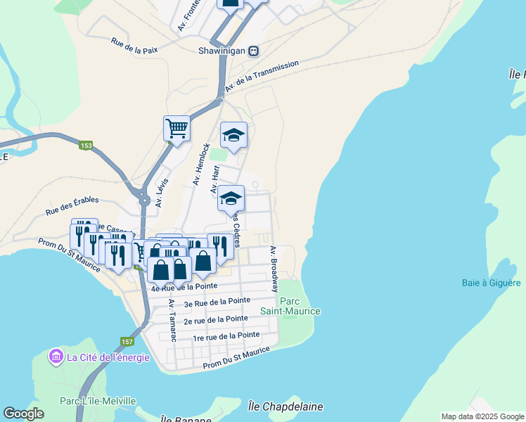 map of restaurants, bars, coffee shops, grocery stores, and more near 153 8e rue de la Pointe in Shawinigan